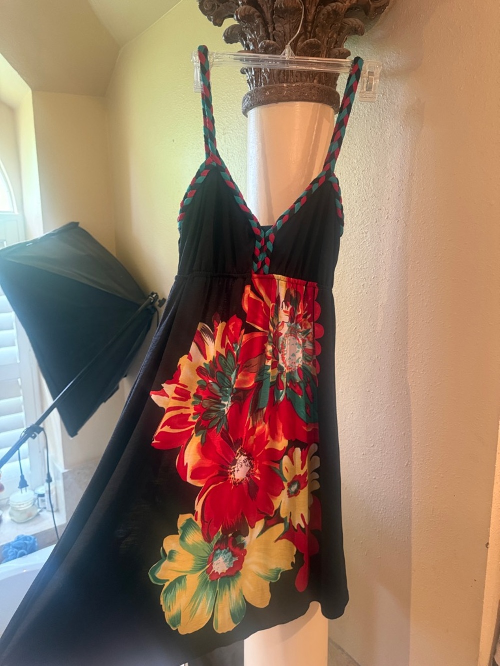 Moa Moa Black Midi Dress with Red, Yellow & Green Floral Print. Stunning